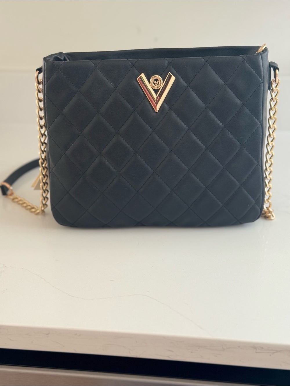 Valentino Orlandi Black Quilted Crossbody with Gold Chain